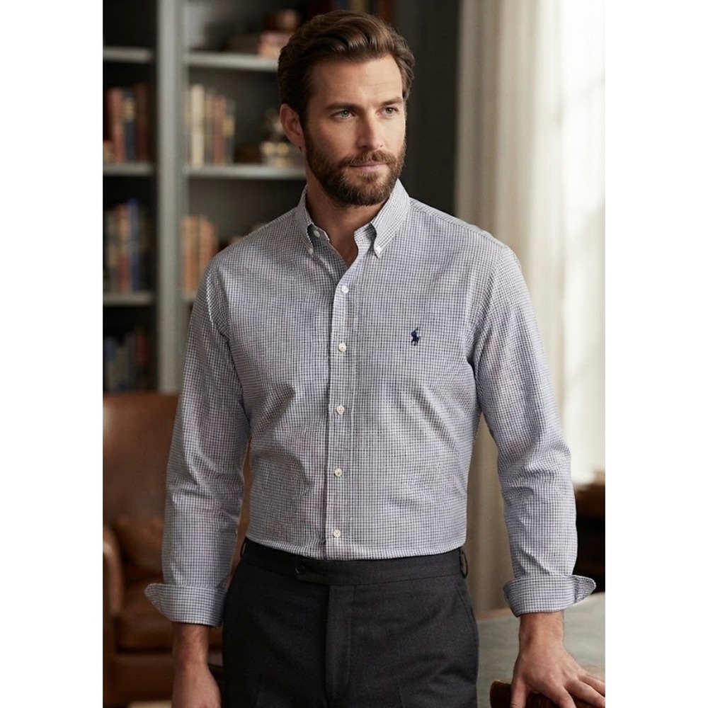 Polo Ralph‎ Lauren Andrew Shirt Mens 17.5 34 Blue White Check Cotton Long Sleeve